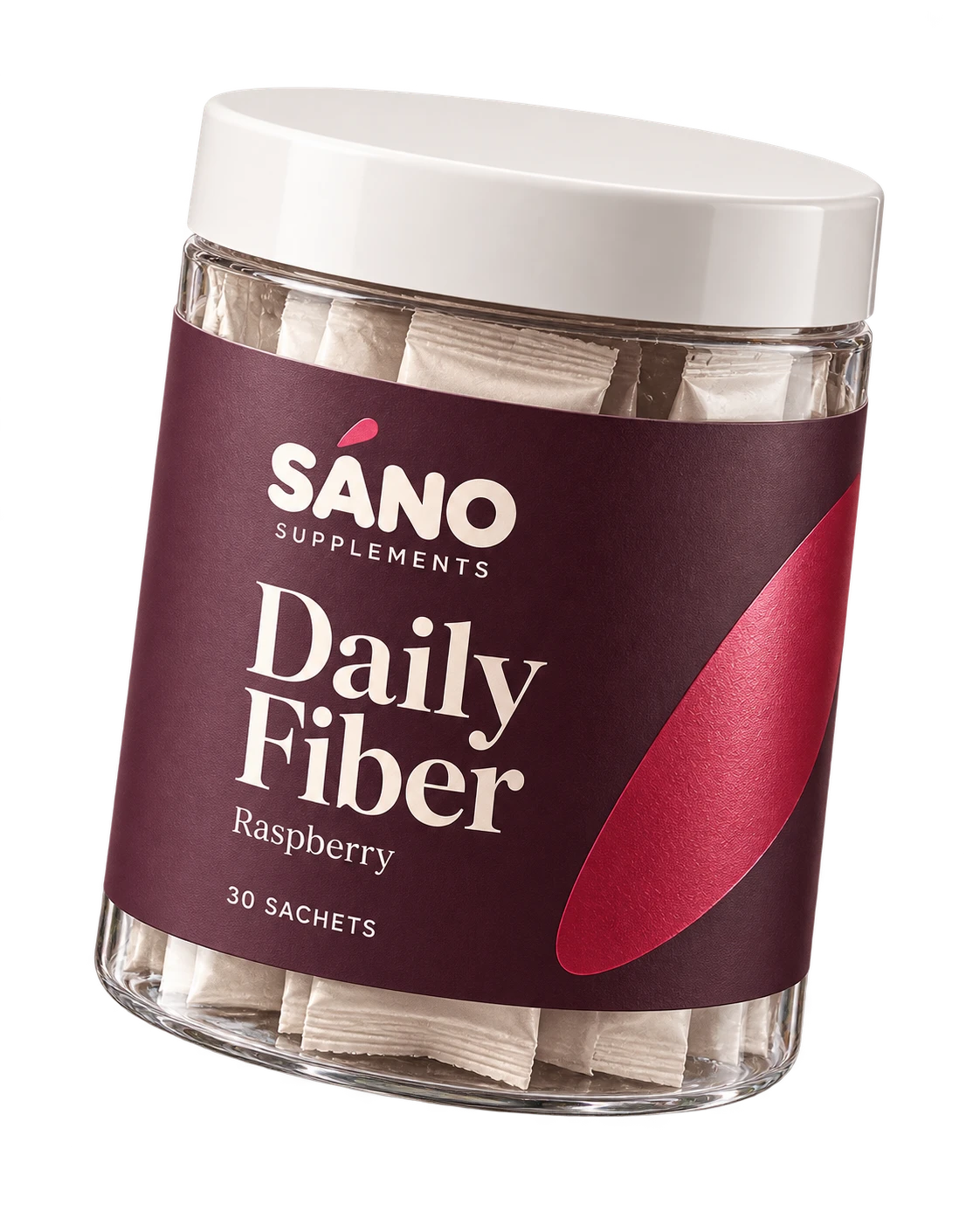 Sáno Daily Fiber — a jar of 30 raspberry psyllium husk sachets