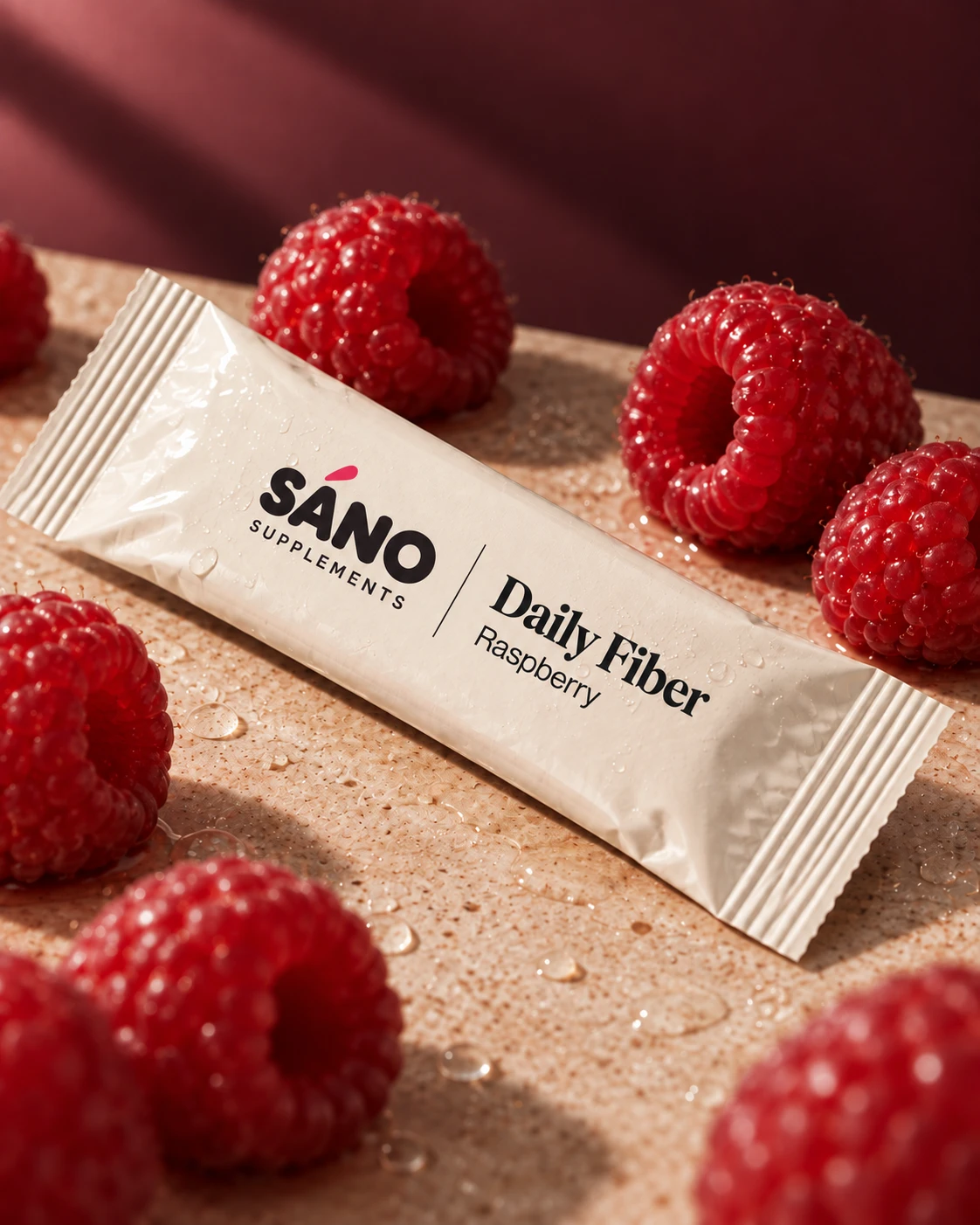 A single Sáno Daily Fiber sachet in raspberry, resting among fresh raspberries